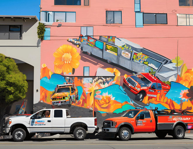 Brightly colored murals and gritty street art showcase tow trucks rescuing stranded cars, reflecting the vital role of towing services in San Jose's community.