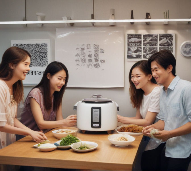 A group of friends gathers around a sleek rice cooker.
