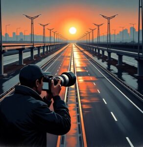 Photographer capturing the symmetry of a newly built highway at sunrise