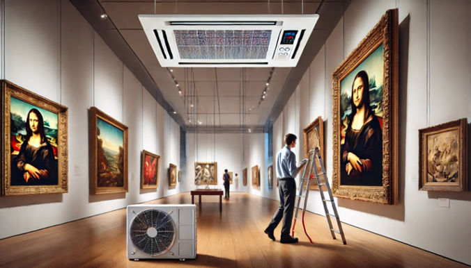 A modern art gallery in Brisbane, featuring a person inspecting the air conditioning system for art preservation.