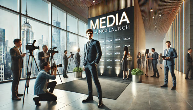 A lively NYC media launch event with guests, photographers, and a modern step and repeat backdrop.